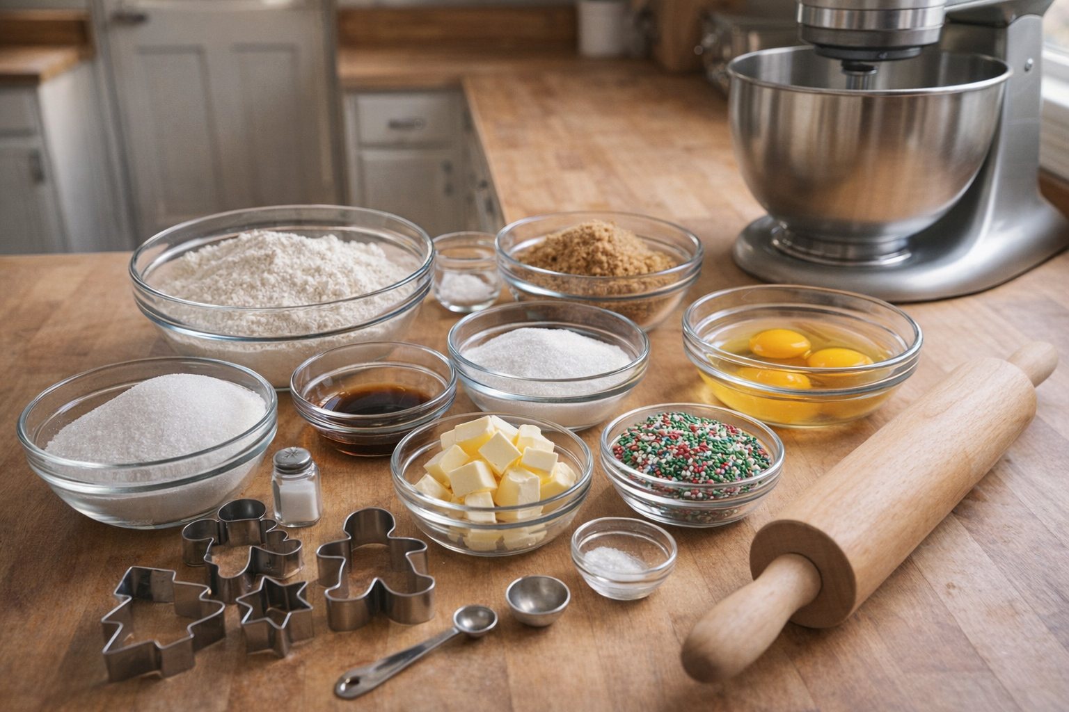 A high-angle shot of a kitchen counter, showcasing measured ingredients in glass bowls, cookie cutters, a rolling pin, and a stand mixer. Bright, natural light.